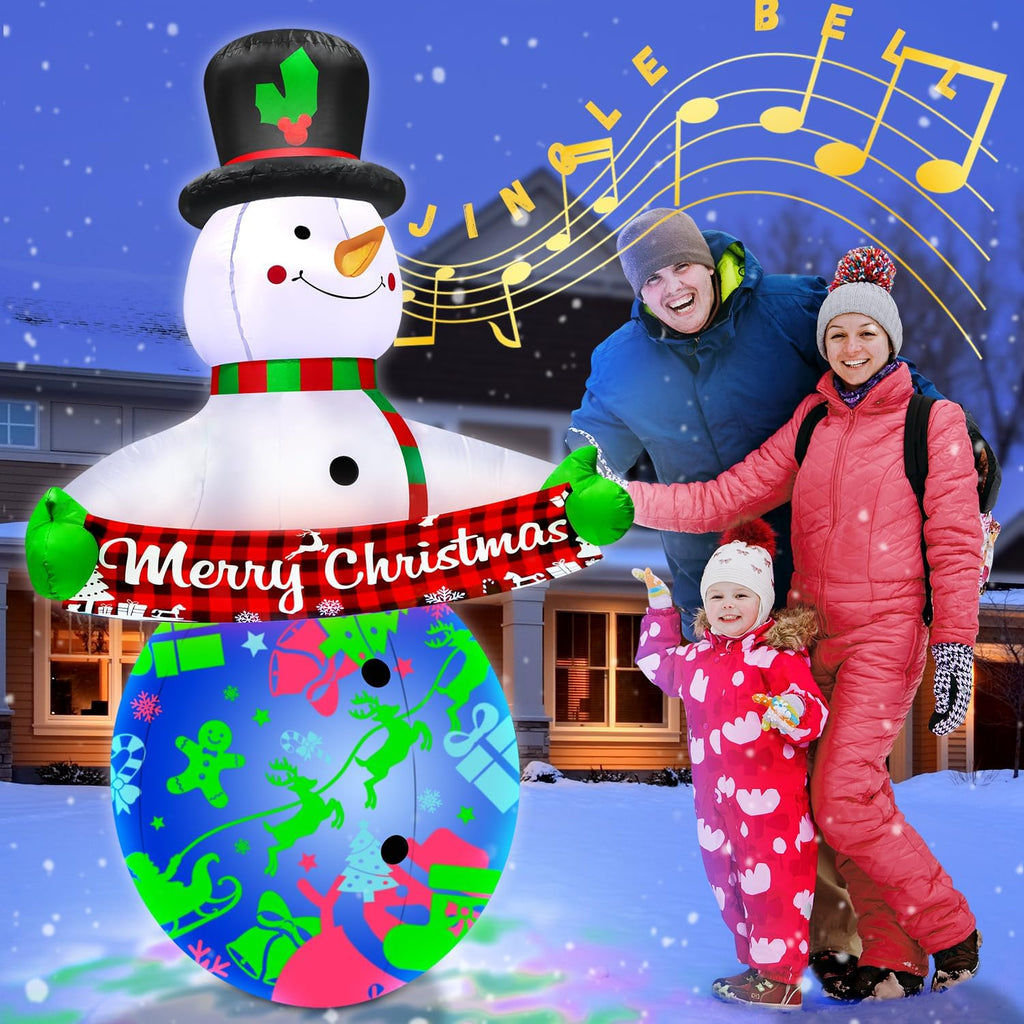 7FT Christmas Inflatables Decorations with Built-in Music & 360° Rotation Colorful Projector LED Light Snowman