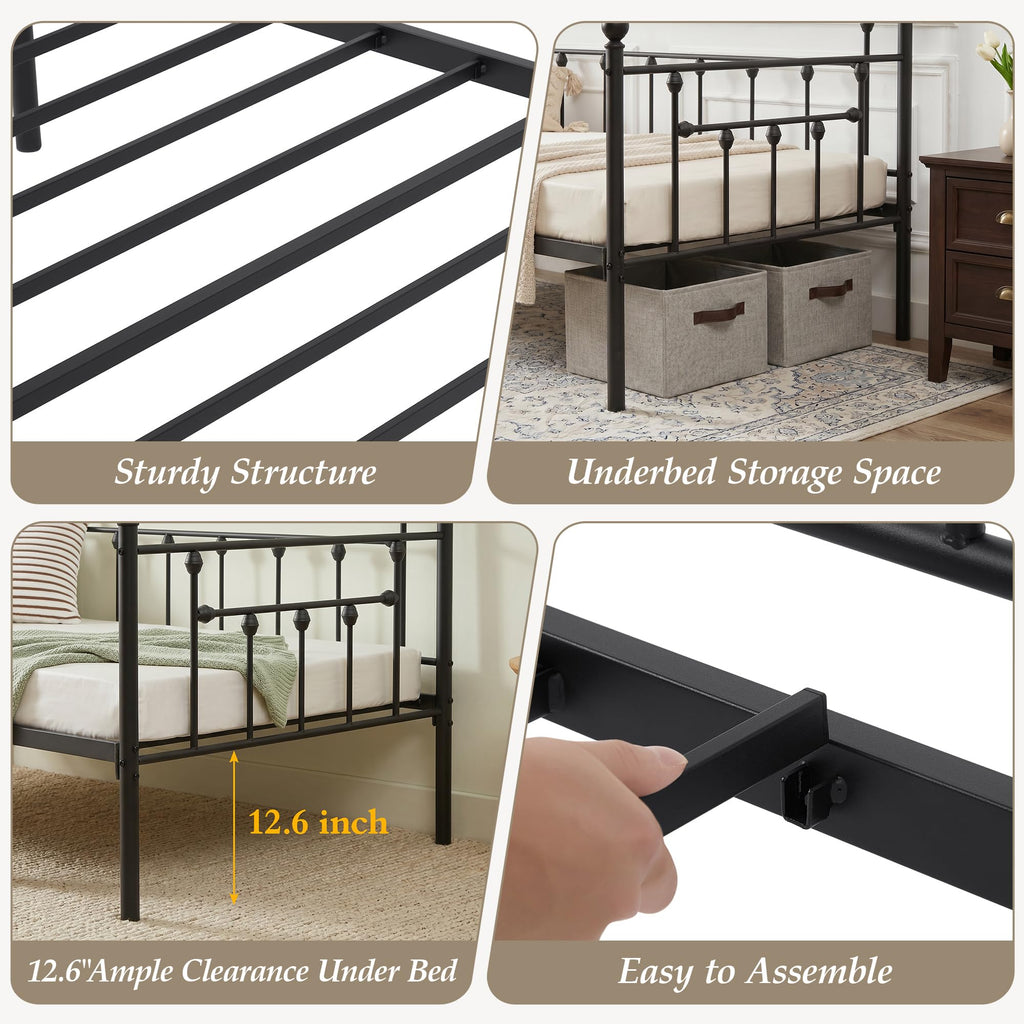 Daybed Frame, Twin Size Metal Platform Bed with Headboard, Heavy Duty Steel Slats Support Bedroom Guest Room, Easy