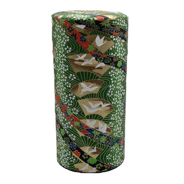 Japanese Tea Canister Tin Crane on a Fan Green/Double Lid/Japanese YUZEN Washi Paper Pasted /200g Tea Capacity/Loose