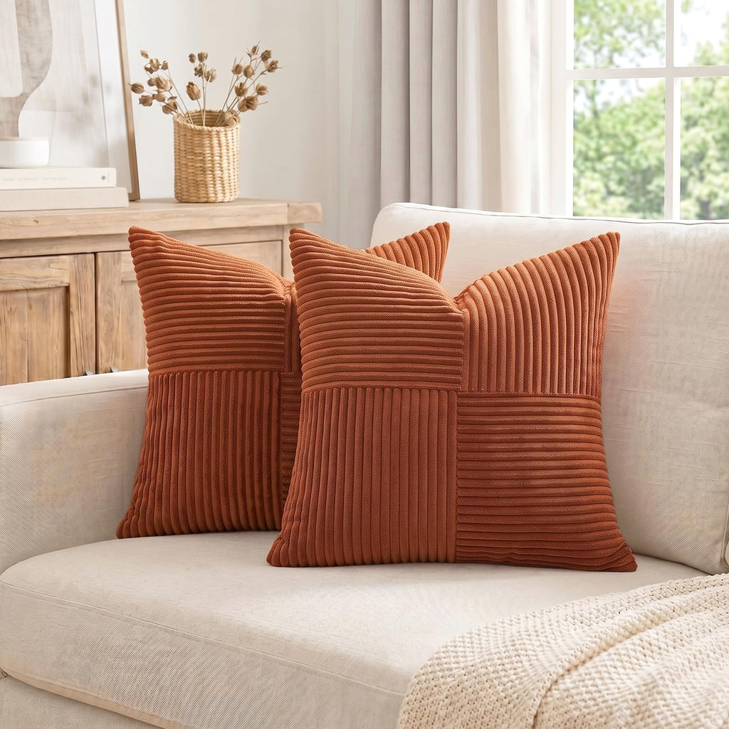 2 Packs Rust Euro Decorative Throw Pillow Covers 26x26 Inch Bed, Farmhouse Boho Home Decor, Soft Corss Corduroy