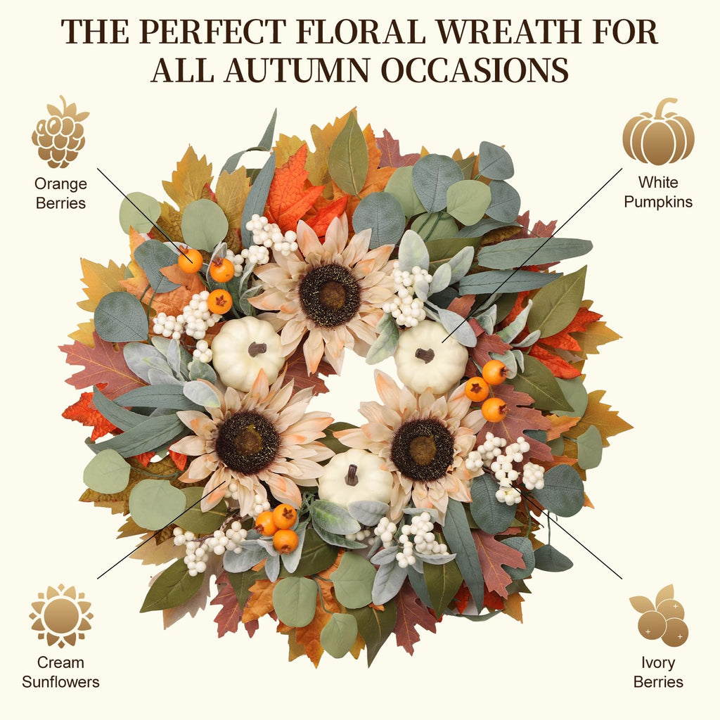 22" Fall Wreaths for Front Door with Pumpkin Sunflower Maple Leaf