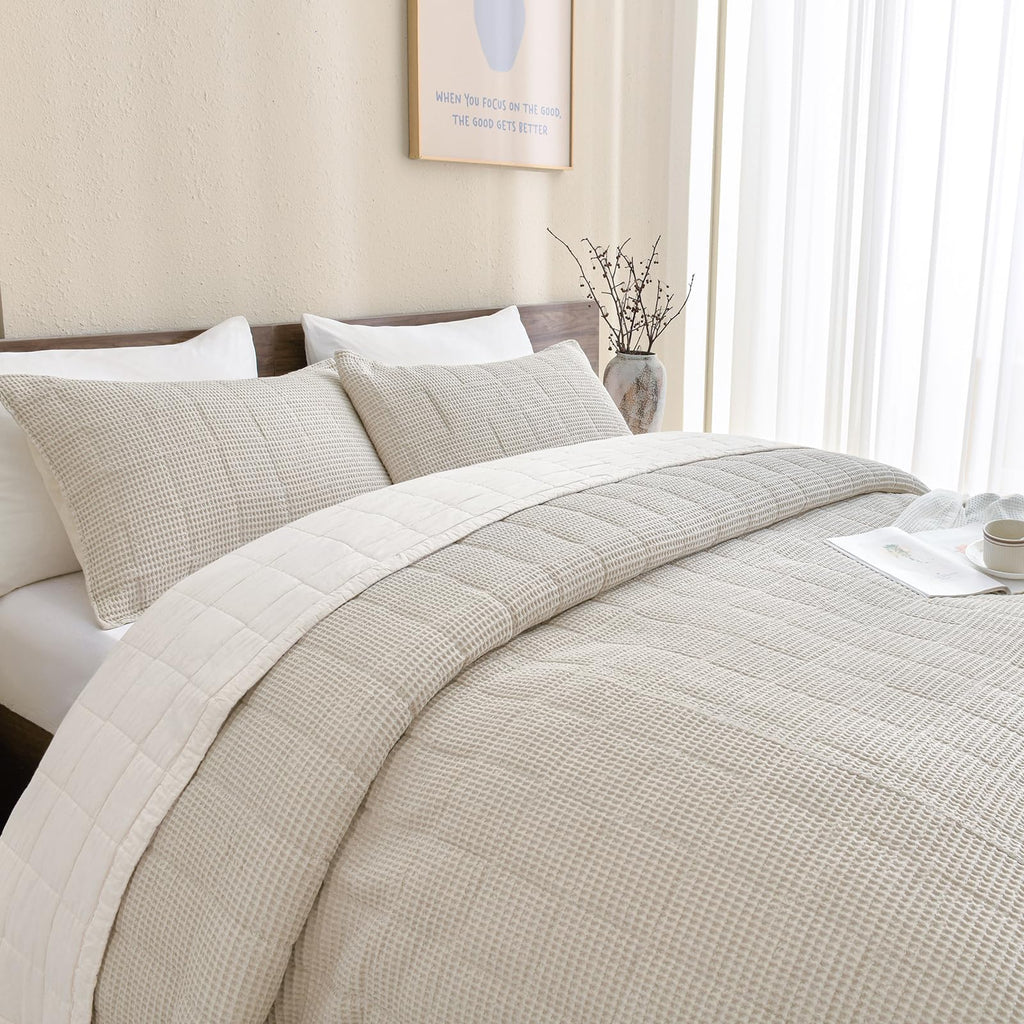 Cotton Bedspread(120"x120"), Wheat Waffle Weave Quilt Set 3Pcs Soft Lightweight Farmhouse Oversized