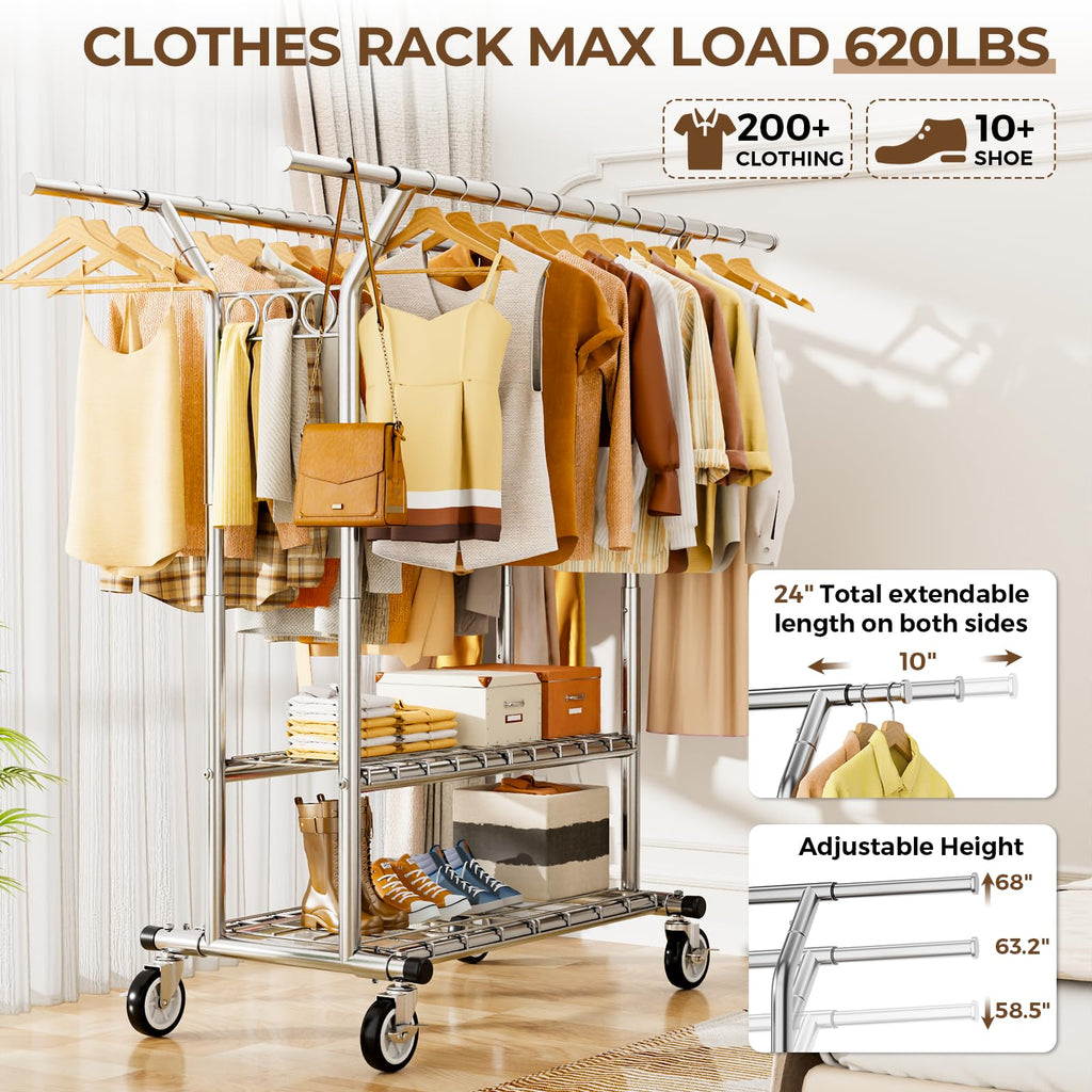 Heavy Duty Clothes Rack 620 LBS, Rolling Clothing Rack with Wheels