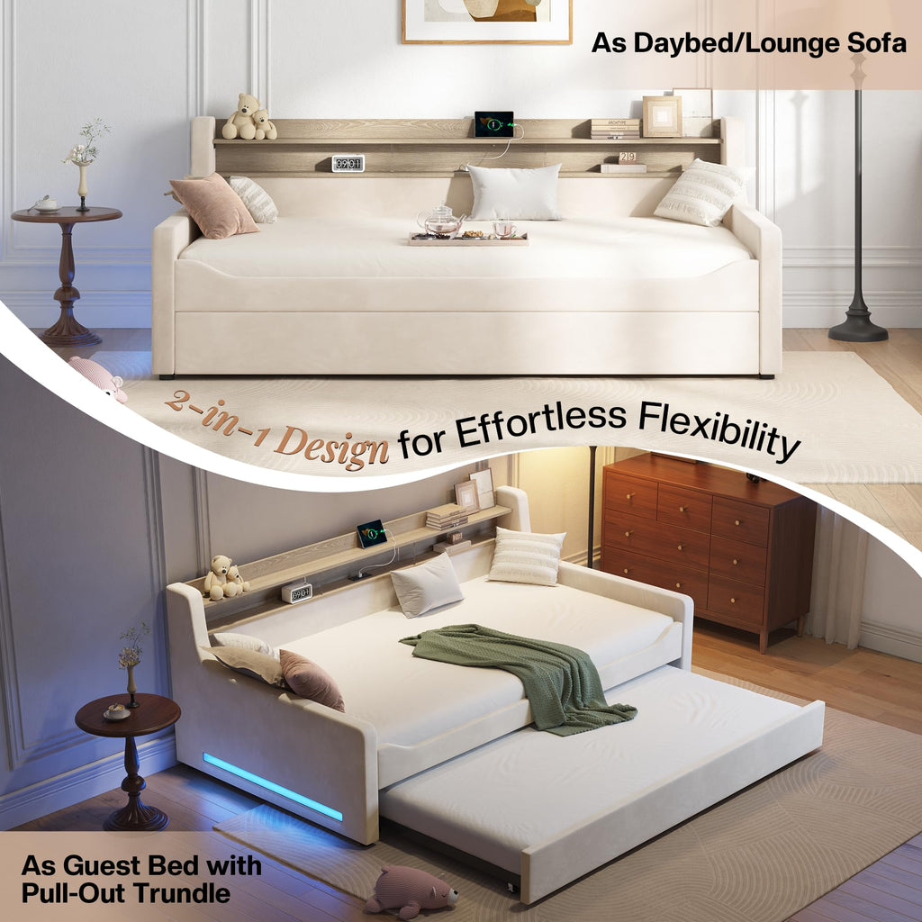 Twin Upholstered Daybed with Trundle and Storage Headboard, Cream
