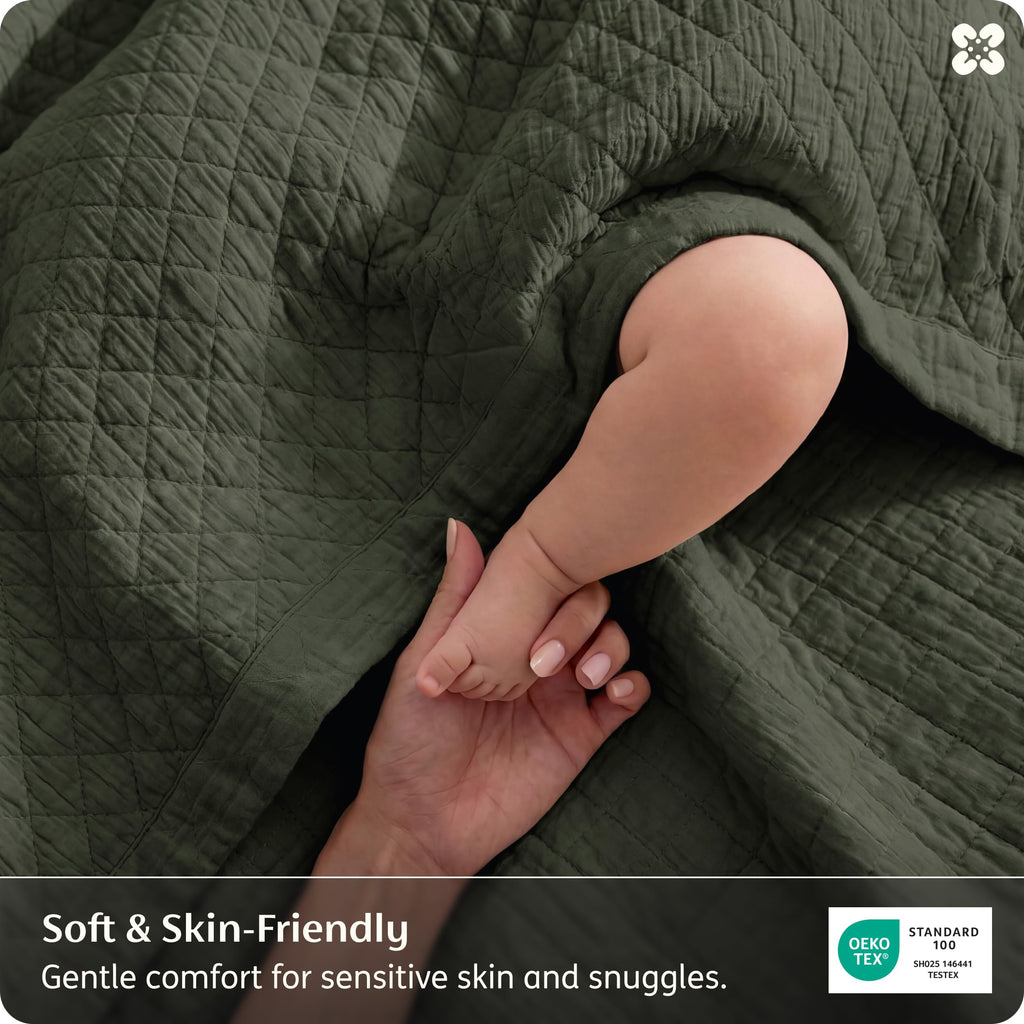 PureWoven 100% Cotton Muslin Blanket 8-Layer, Olive Green