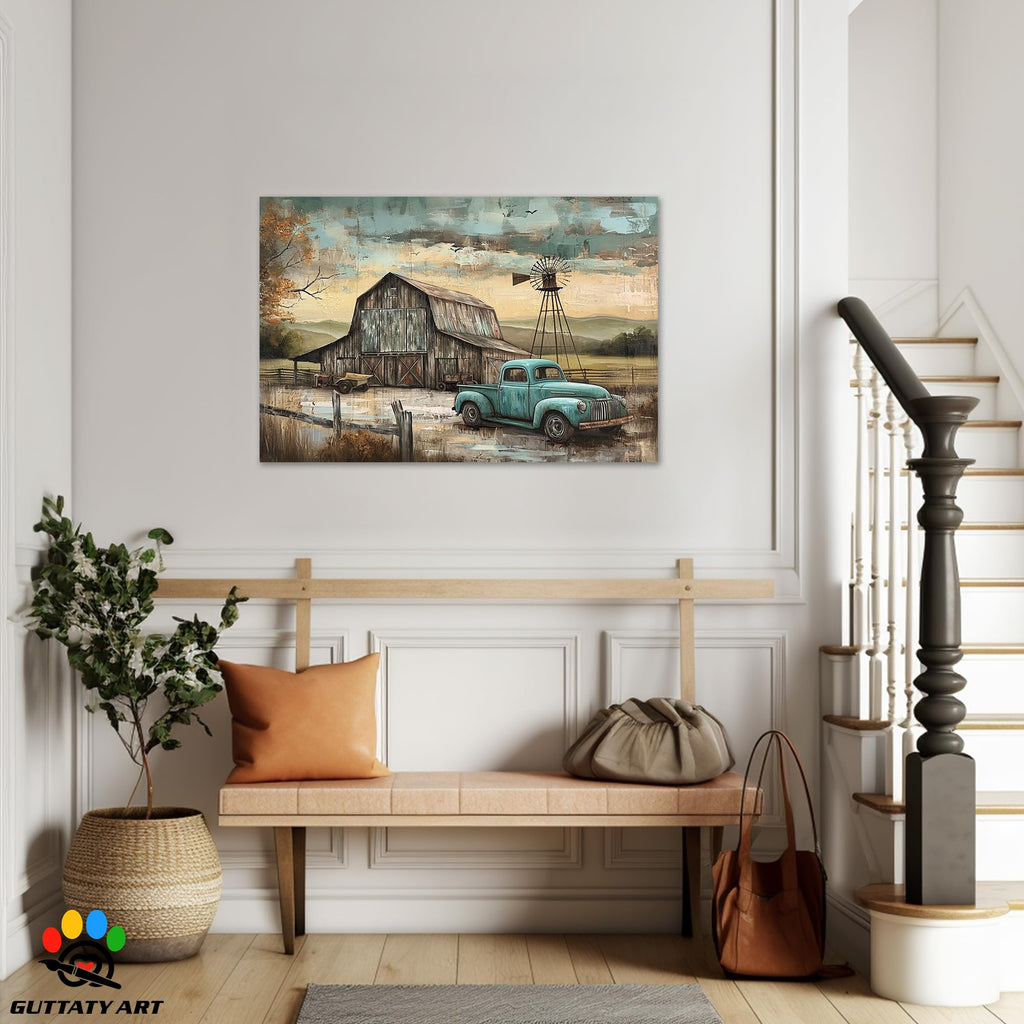 Farmhouse Prints Wall Art, Vintage Barn and Old Truck Picture Canvas Wall Art, Retro Windmill Canvas Prints, Country