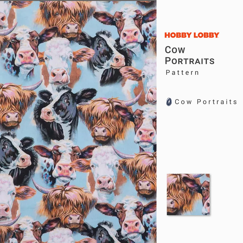 Cow Portraits Cotton Calico Fabric, 1 Yard