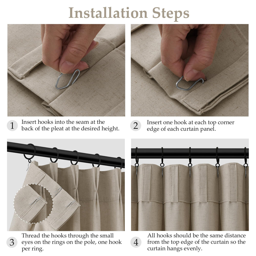 Cobblestone Pleated Linen Curtains 90 Inches Long Dining 2 Panels Pinch Pleat Drapes Hooks Rings Rustic Farmhouse