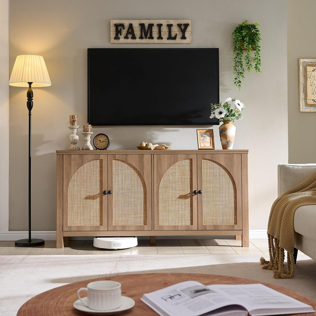 60" Rattan Sideboard Buffet Cabinet with Storage | Sideboard With Rattan Doors, Spacious Storage And Soft-Close