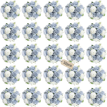 Bundles Peonies Artificial Flowers Bulk, Dusty Blue & White - Set of 32