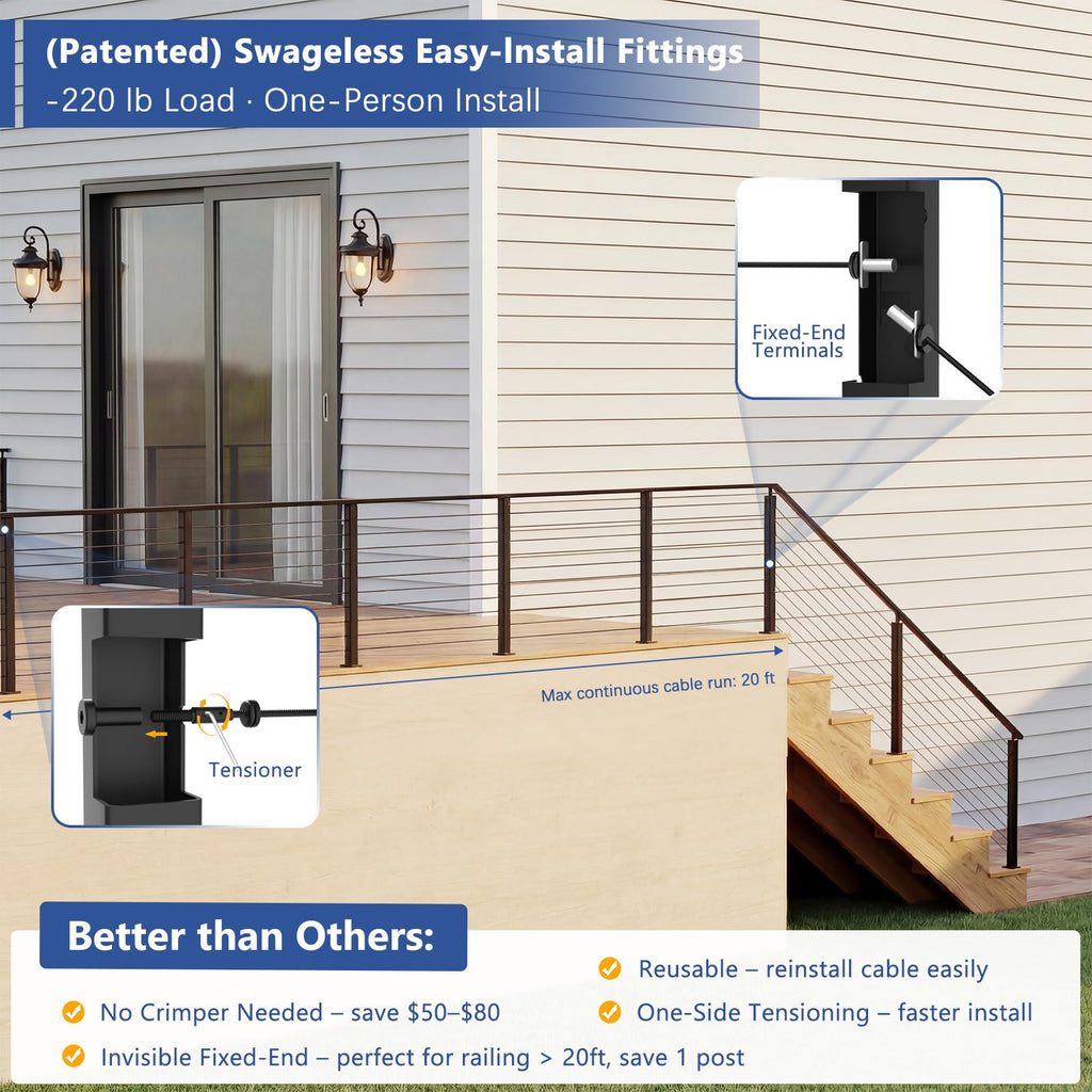 16-20FT Modular 36" Swageless Cable Railing System with Handrail