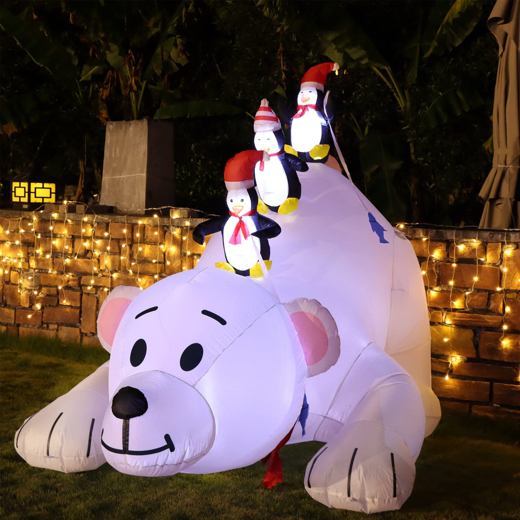 Christmas 7.7(L) x 6 FT(H) Inflatables Lighted Polar Bear with Three Penguins, Blow Up White Bear Happy Fishing