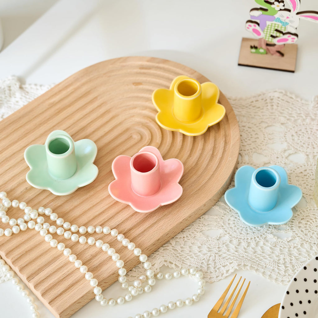 Colorful Ceramic Candlestick Holders Set of 4, Cute Easter Taper Candle Holders Chic Flower Shaped Table Centerpiece
