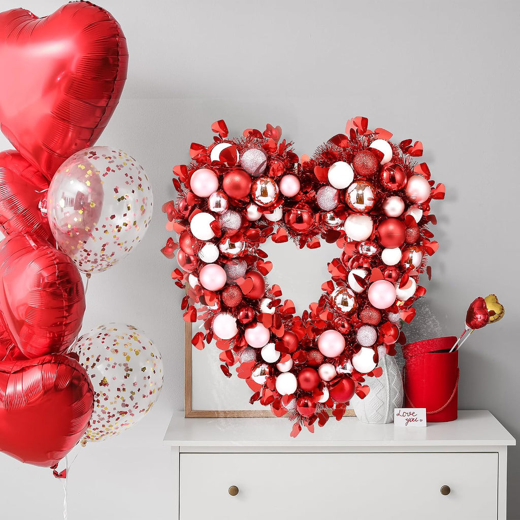 17.7'' Heart Shaped Wreath Red Pink White Heart Wreath with Tinsel Red Balls Decorations for Front Door Wedding Party