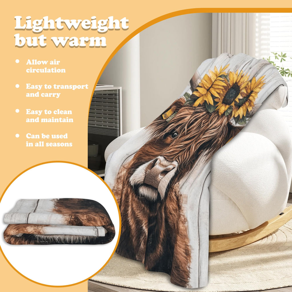 Highland Cow Sunflower Blanket, Rustic Farmhouse Throw, 60''x 50''