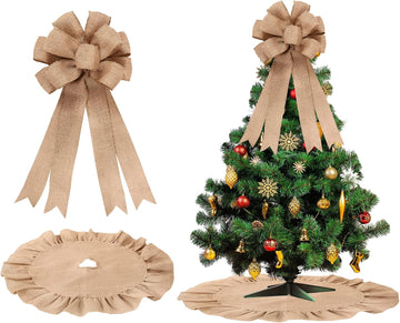 Burlap Christmas Tree Topper with 39.4 Inch Ruffle Christmas Tree Skirt and 34 Inch Large Vintage Ribbon Bow - Set of 2