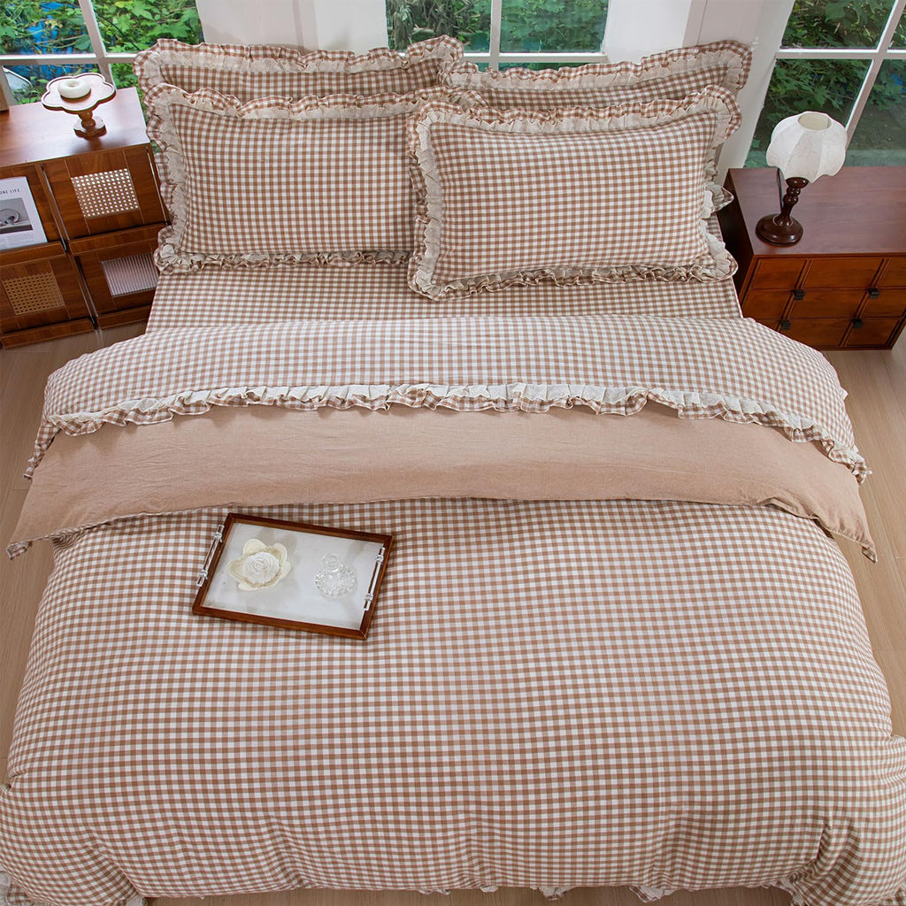 100% Washed Cotton Taupe Gingham Ruffle Duvet Cover Set