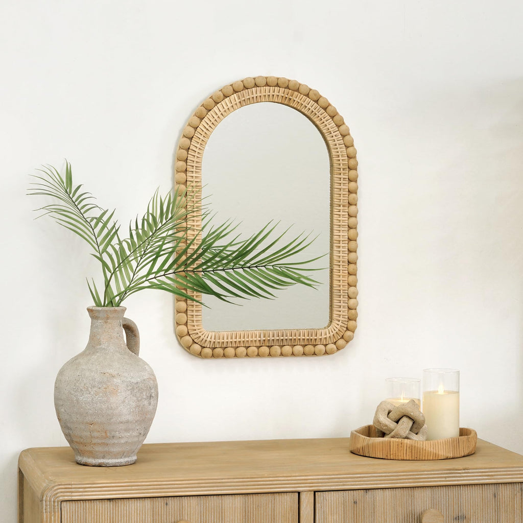 Arched Rattan Wall Mirror - 16x24 Inch Boho Elegance with Woven Frame and Wooden Bead Trim, Decorative Mirror Vanity