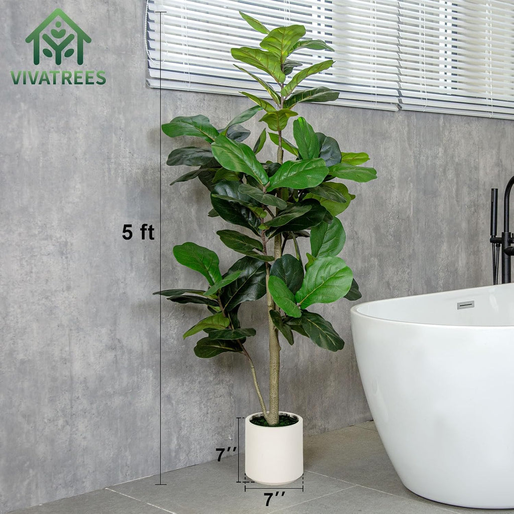 5FT Fiddle Leaf Fig Artificial Tree with White Planter Pot,Faux Floor Plant, Indoor and Outdoor Fake Plants Decor