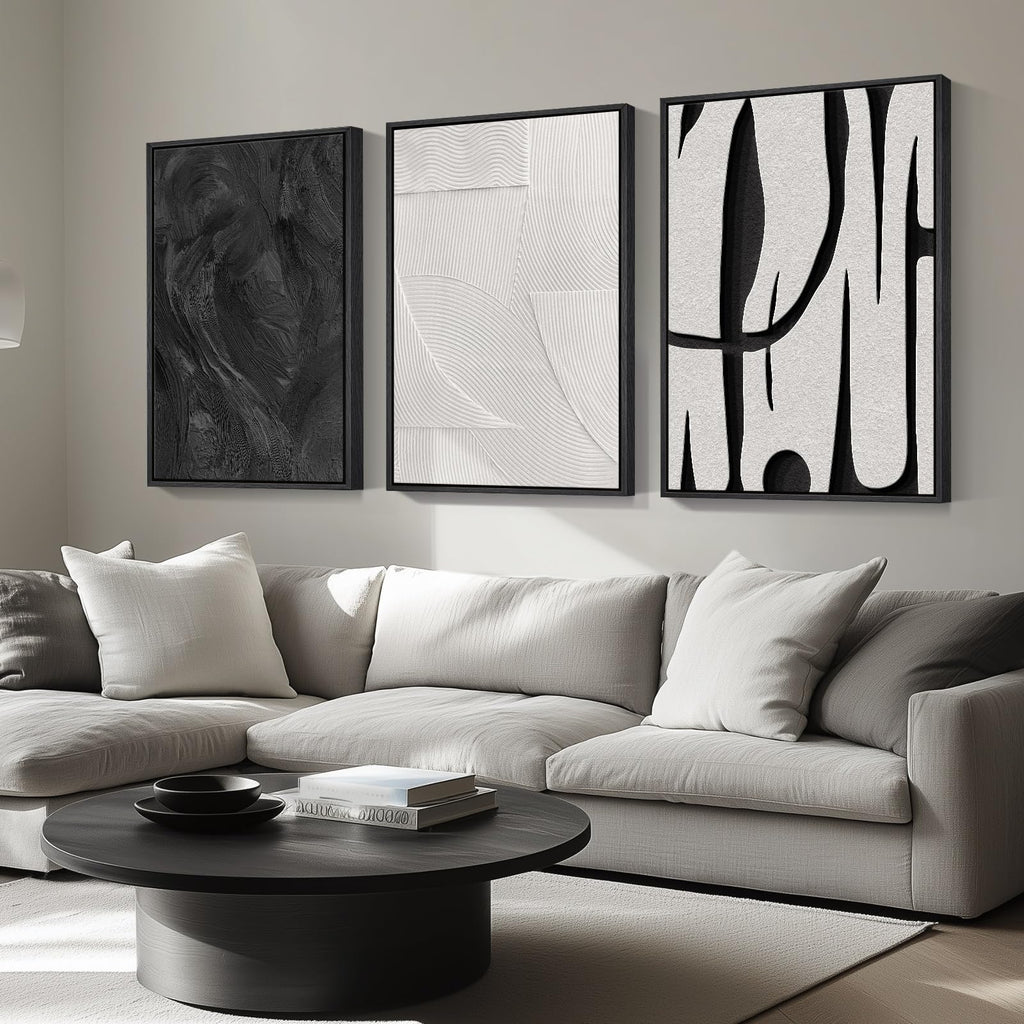 Large Framed Black and White Abstract Wall Art Set of 3
