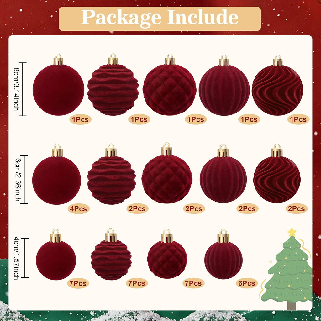 Burgundy Velvet Christmas Ball Ornaments for Tree Decor - Set of 44