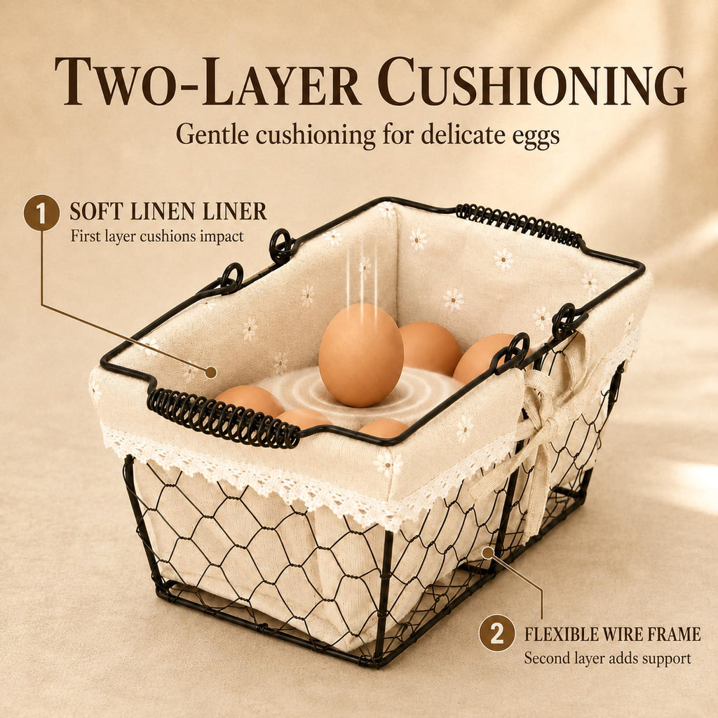 Farmhouse Vintage Metal Wire Chicken Egg Basket with Handle, Square Storage Basket with Removable Linen Liner