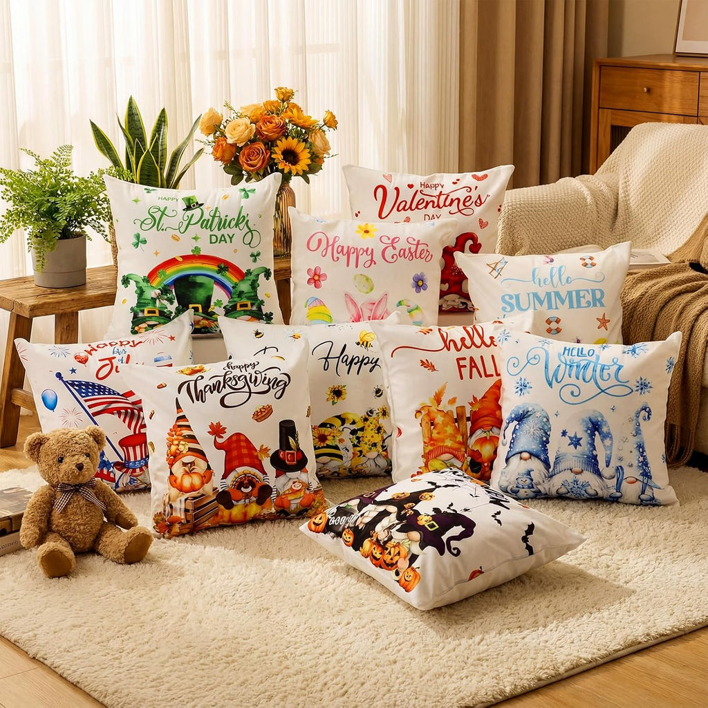 Seasonal Pillow Covers 18 x 18 Inch Holiday Pillow Covers Winter Valentines Spring Pillowcase Gnome Pillowcase - Set of 12