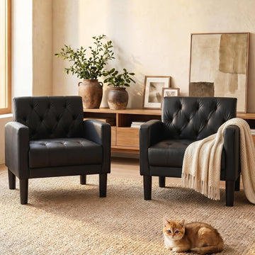Black Leather Accent Chairs, Tufted M-C-M Chairs - Set of 2