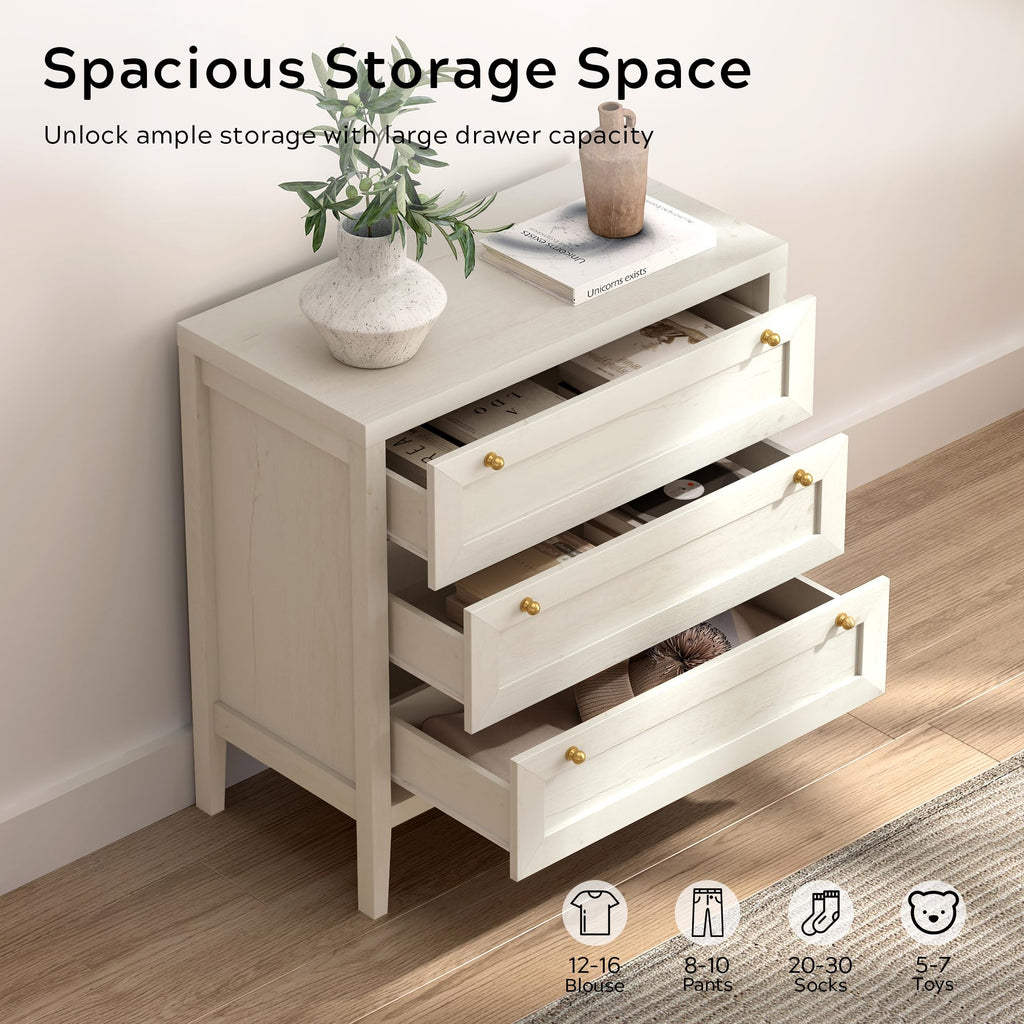 3 Drawer Dressers Set of 2, Farmhouse Chest of Drawers with Golden Handles, Large Wood Tall Nightstand, Storage