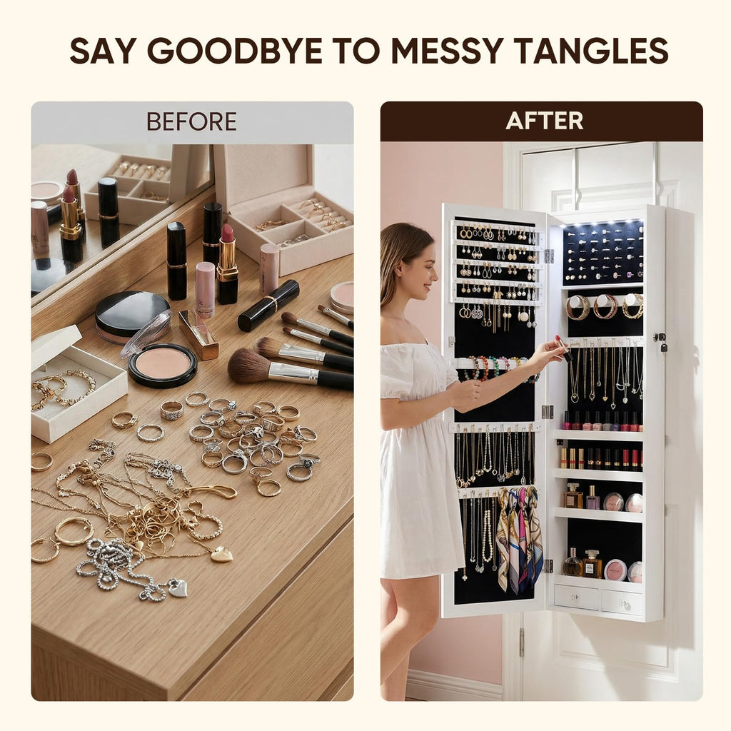 6 LEDs Jewelry Cabinet with Lock, 48" Full Length Mirror Wall Mounted or Over The Door Jewelry Organizer, Large
