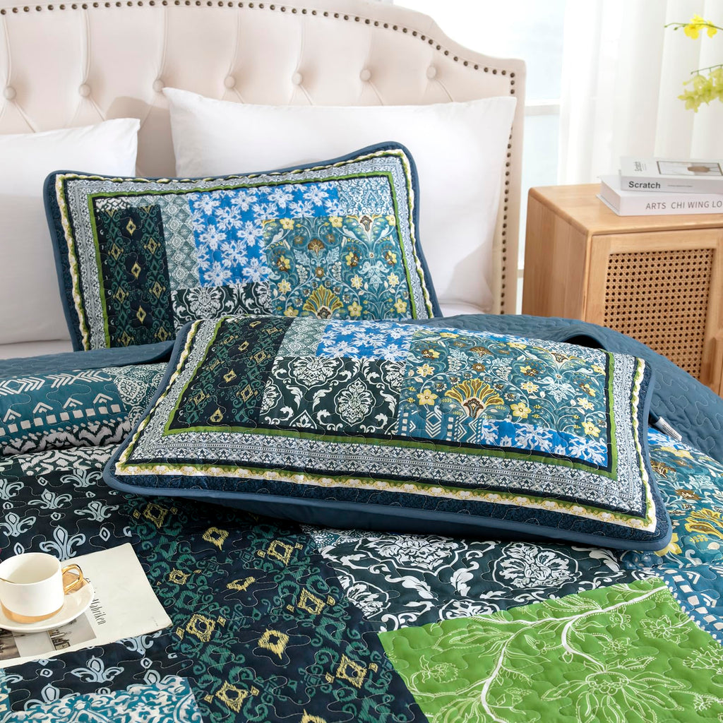 Boho Quilt, 3 Pieces Teal Patchwork Quilt Soft Coverlet Reversible Lightweight Farmhouse Quilts with 2 Pillow