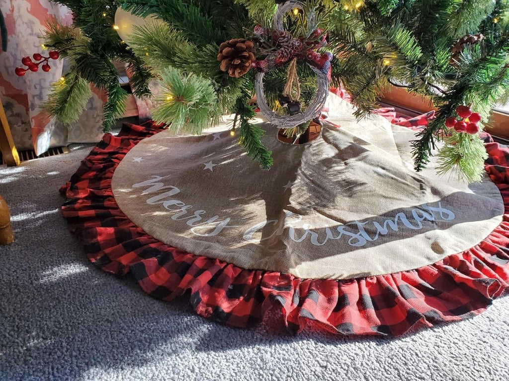 48 Inch Christmas Tree Skirt Linen Burlap Buffalo Plaid Edge Decoration for Merry Christmas Party Red and Black