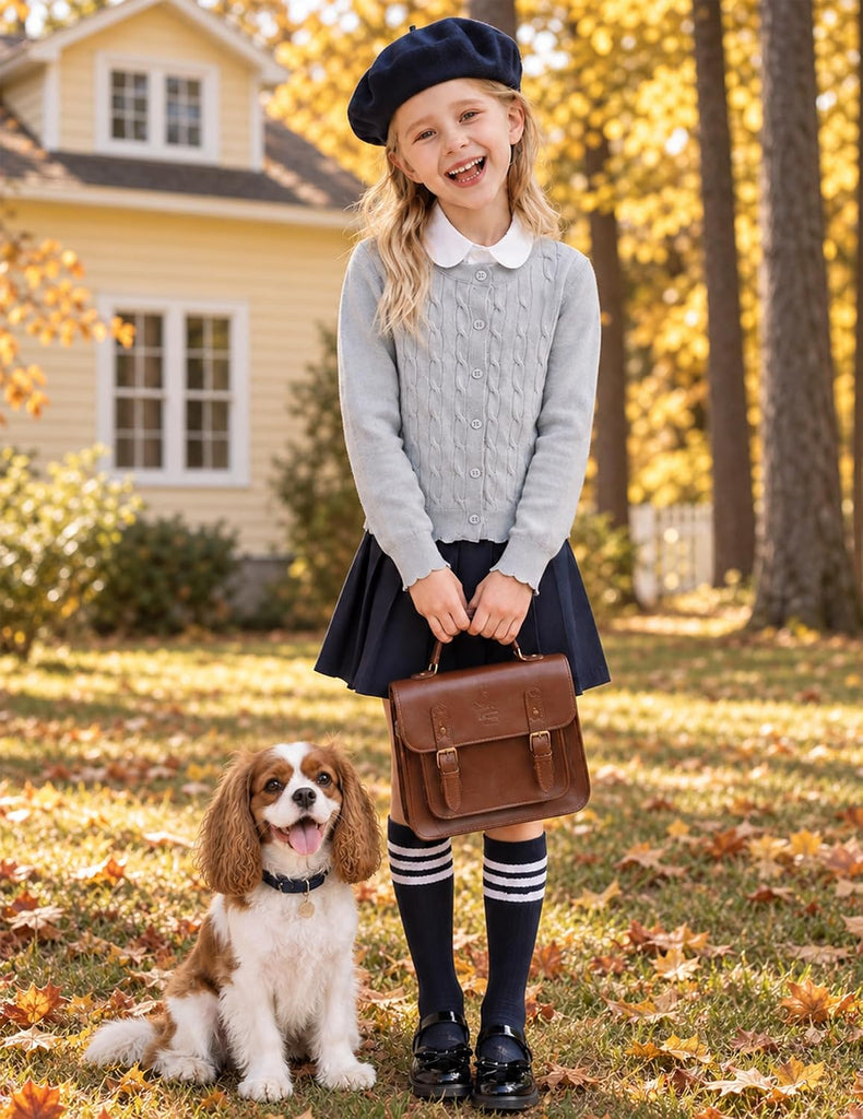 Girls Cable Knit Cardigan Kids Button Up Uniform Sweater Tops