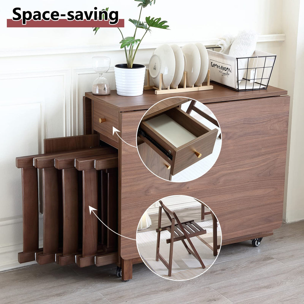 Drop Leaf Folding Dining Table with Storage, Wheels, Space Saving