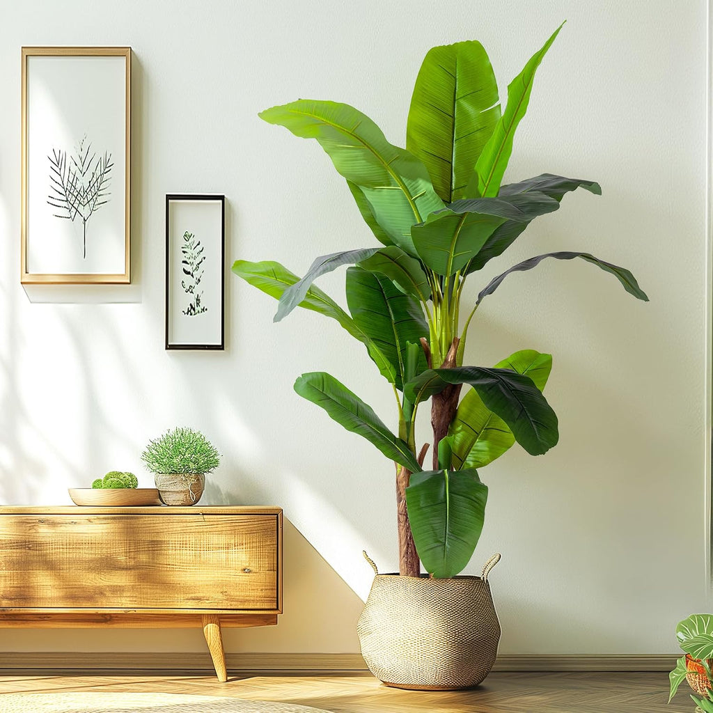 6FT Artificial Banana Tree, Lifelike Fake Banana Leaf Tropical Silk Tree, Easy Assembly Faux Floor Plant with Sturdy