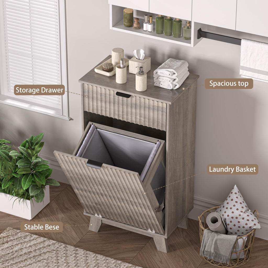 Tilt Out Laundry Hamper Cabinet with Storage and Drawer, 10 Gallon Fluted Hidden Trash Can Cabinet, Farmhouse Wood