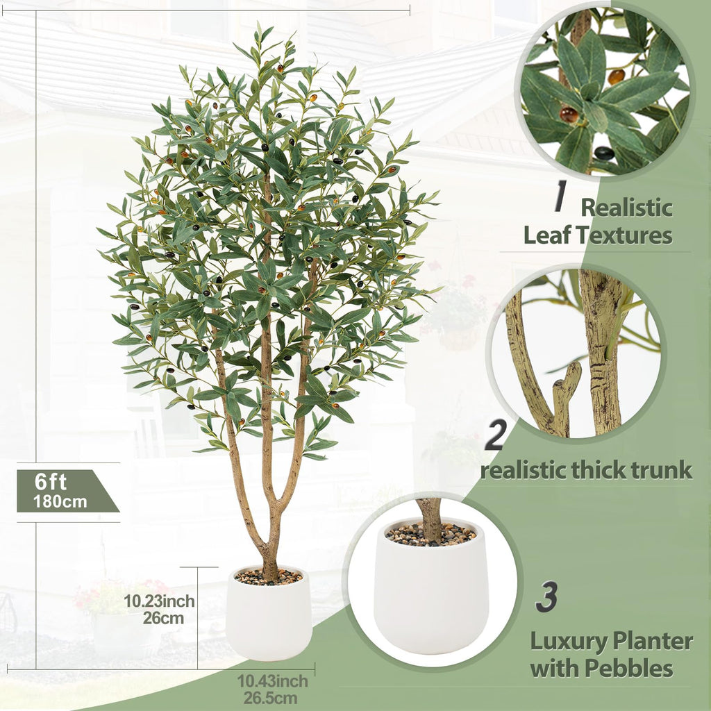 6FT Olive Trees Artificial, Large Faux Olive Tree with White Tall Planter, Faux Tree Indoor with Lush Lifelike Fruits