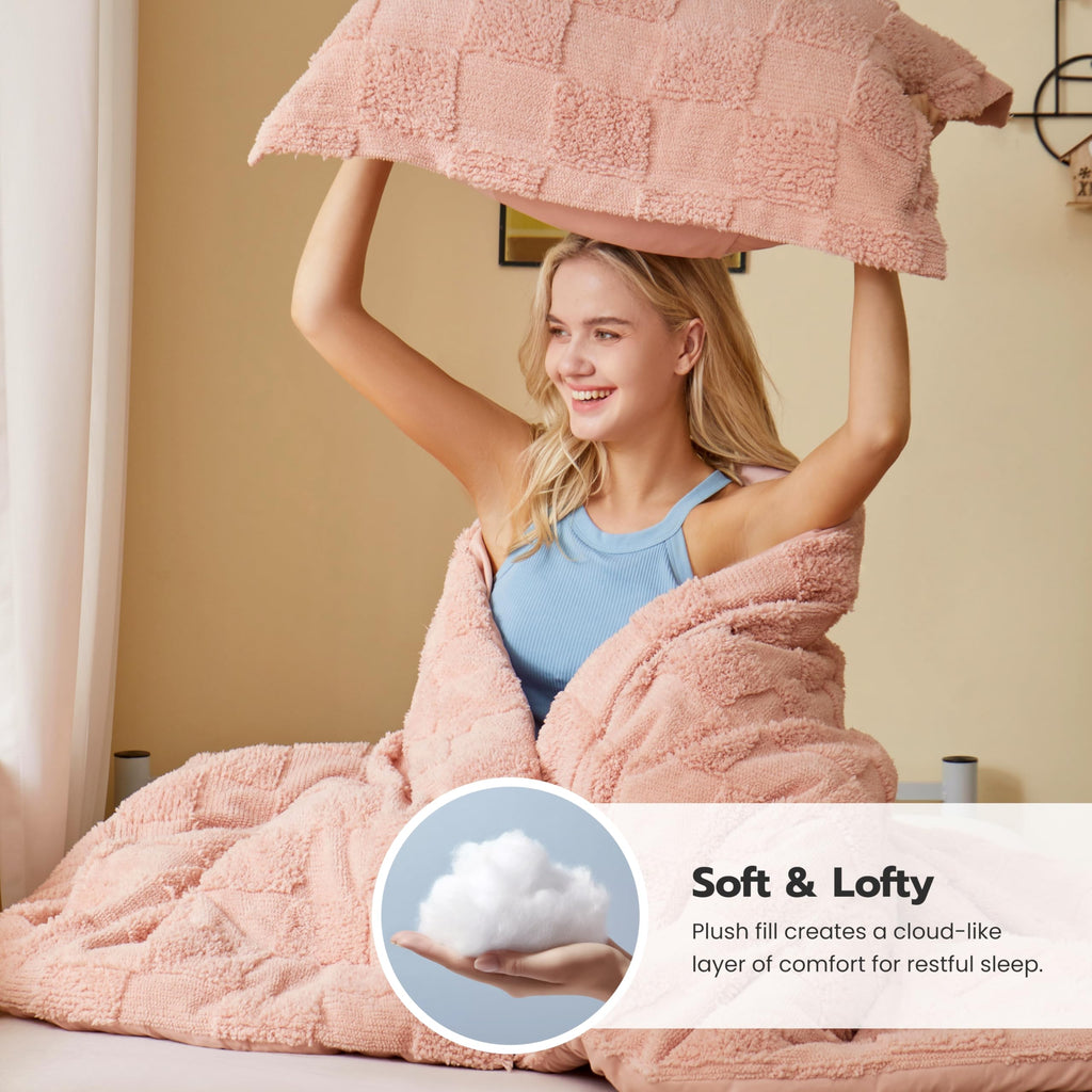 Comforter Set, 2 Pieces Coral Pink Boho Bedding Set with 1 Plaid Geometric Comforter and 1 Pillow Sham