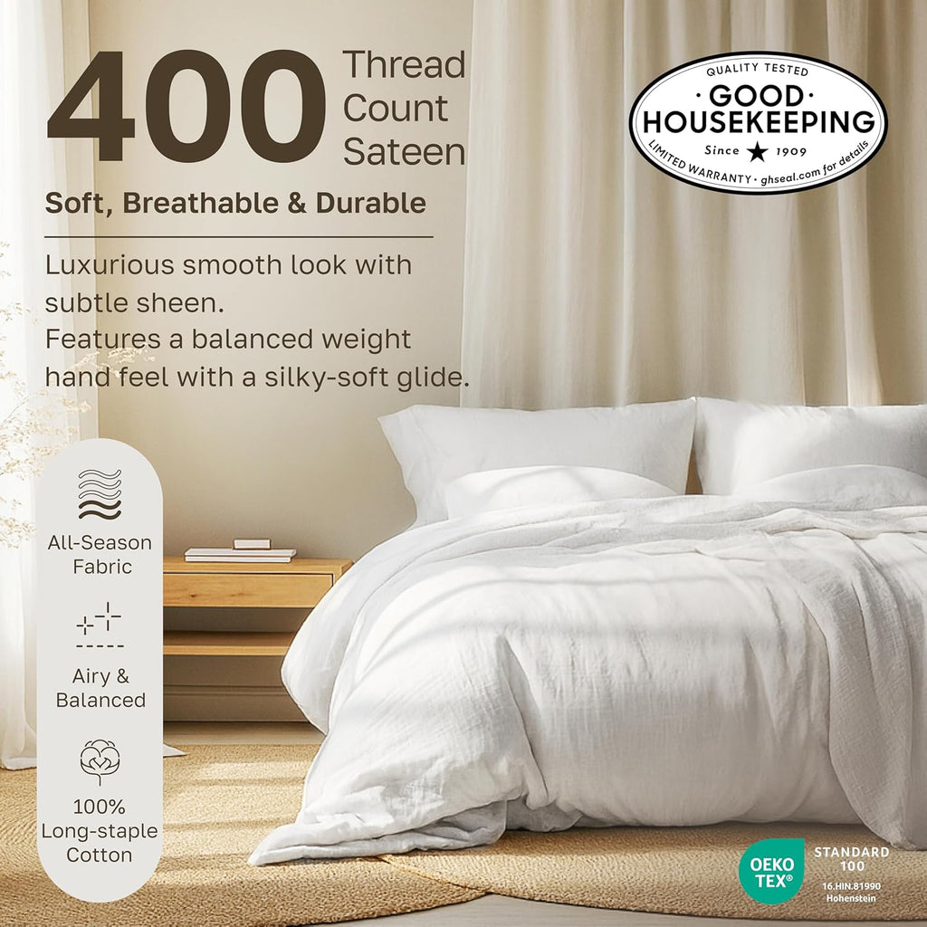 Soft 100% Cotton Queen Sheet Set, 400 TC Good Housekeeping Award Winner, Silky Smooth Sateen Weave with Deep Pockets