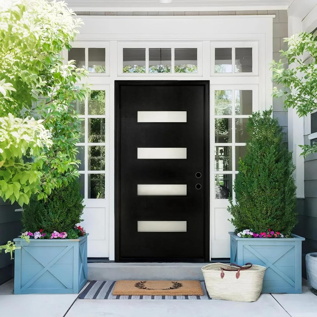 Fiberglass Entry Door Left Hand Inswing, 36 x 80, 4 Lite Frosted Glass 4-9/16 in. Vinyl Frame, Contemporary Style for Home's Front Entrance, Black Finished Knock-Down Entry Door