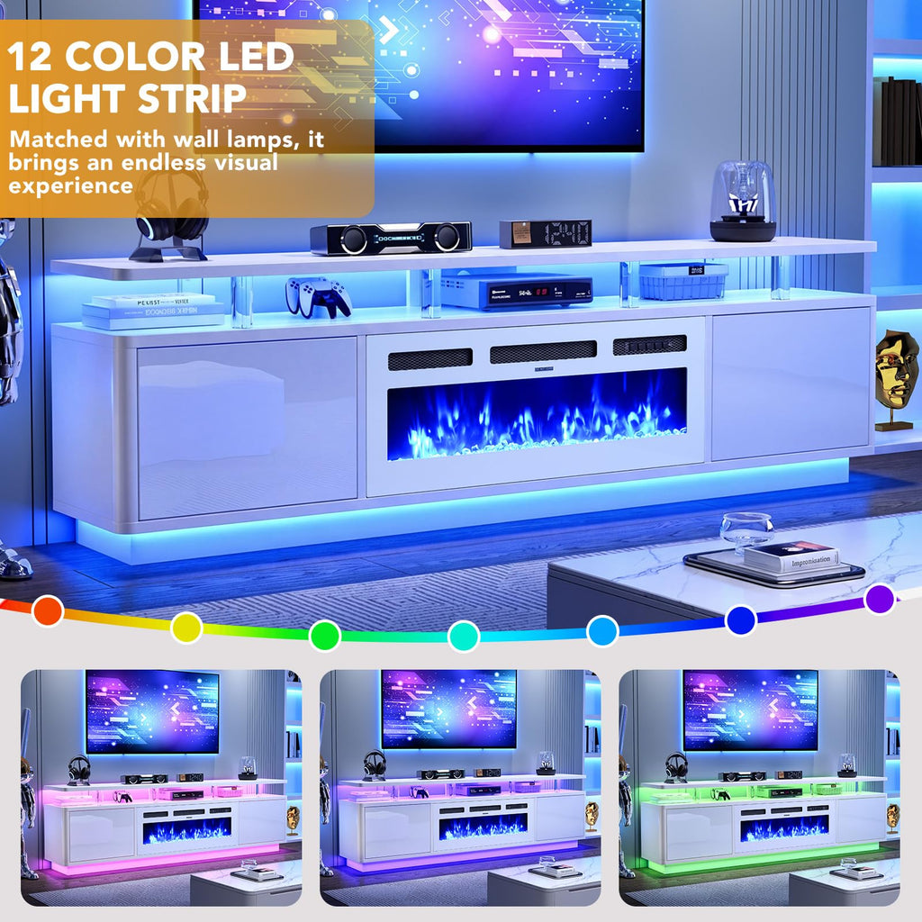 80", 36" Electric Fireplace with Adjustable Flames & Double LED Lights, Remote Control, Storage Cabinet with High