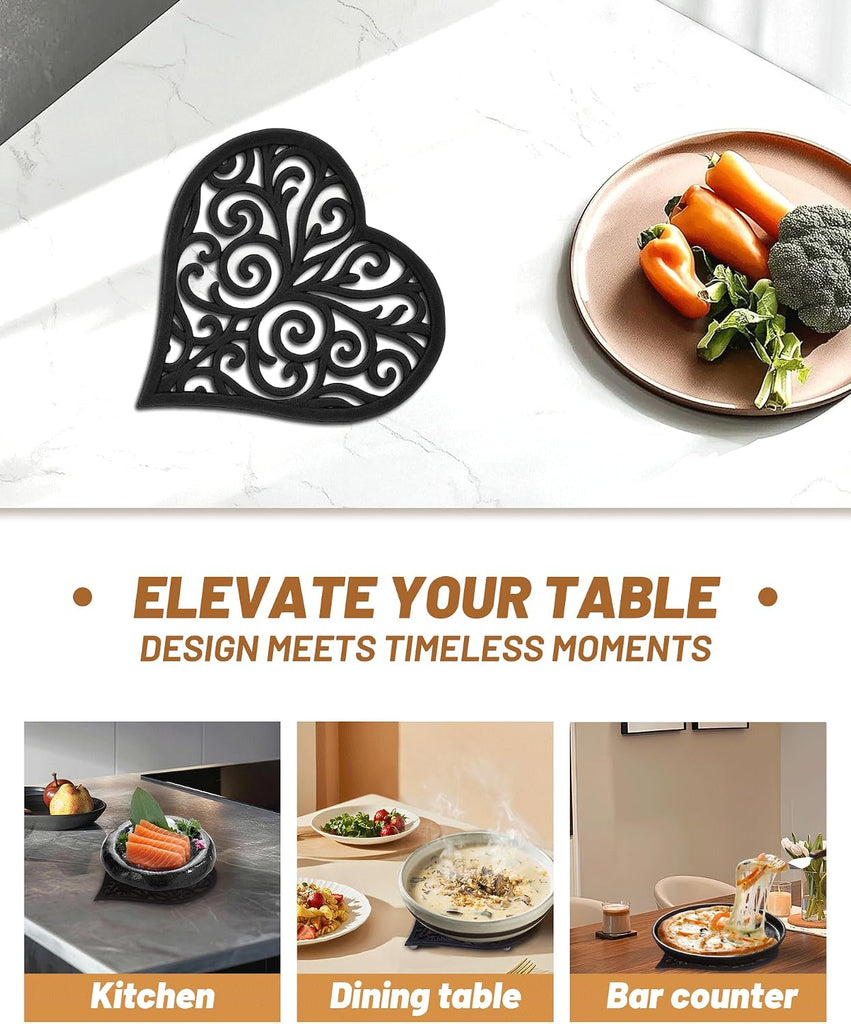 Black Heart Cast Iron Trivet & Dining - Romantic Decorative Hot Dish Pad, Heat Resistant Pot Holder with Raised Feet