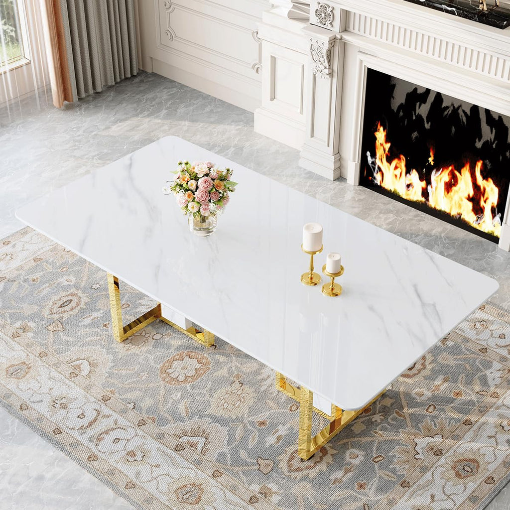 79" White Gold Marble Dining Table for 8-10