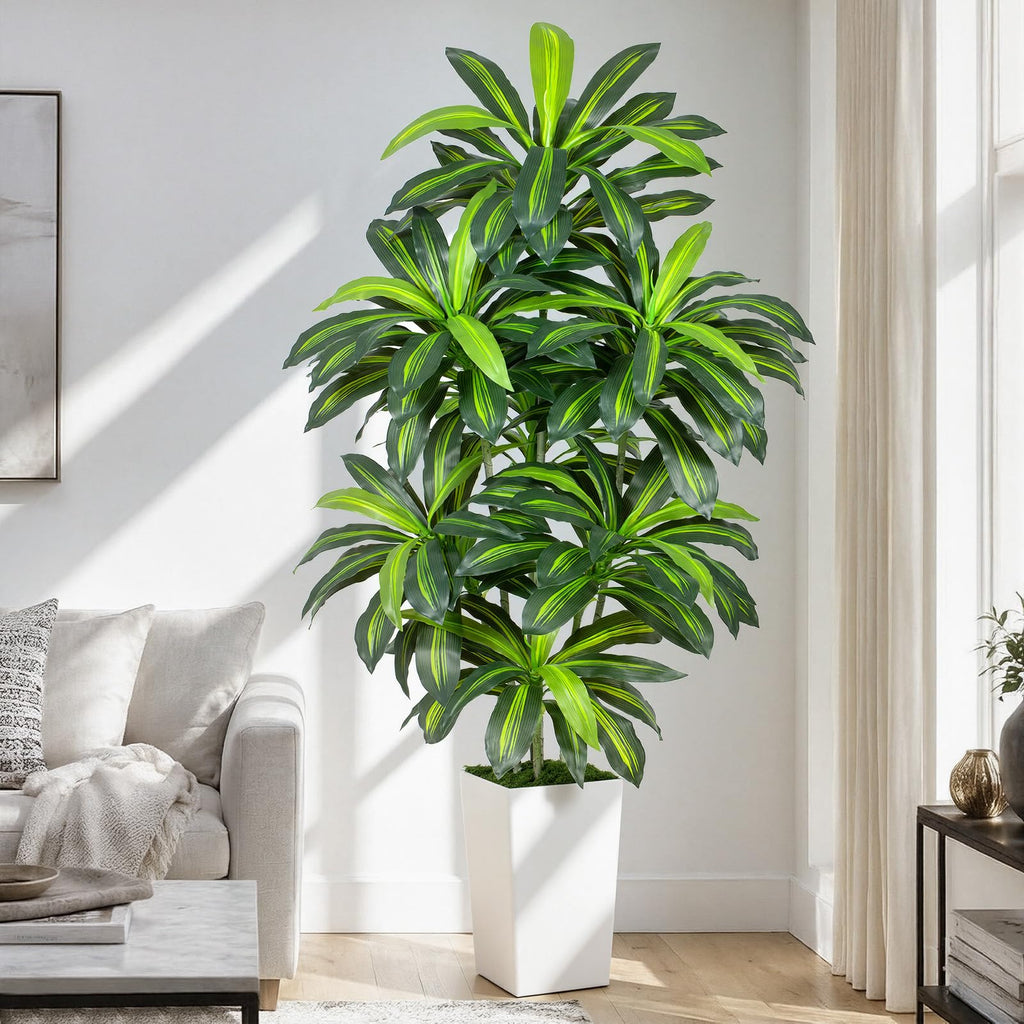 7FT Artificial Dracaena Tree - High-Density Foliage Fake Plant with White Tall Planter - Faux Yucca Floor Plant Decor