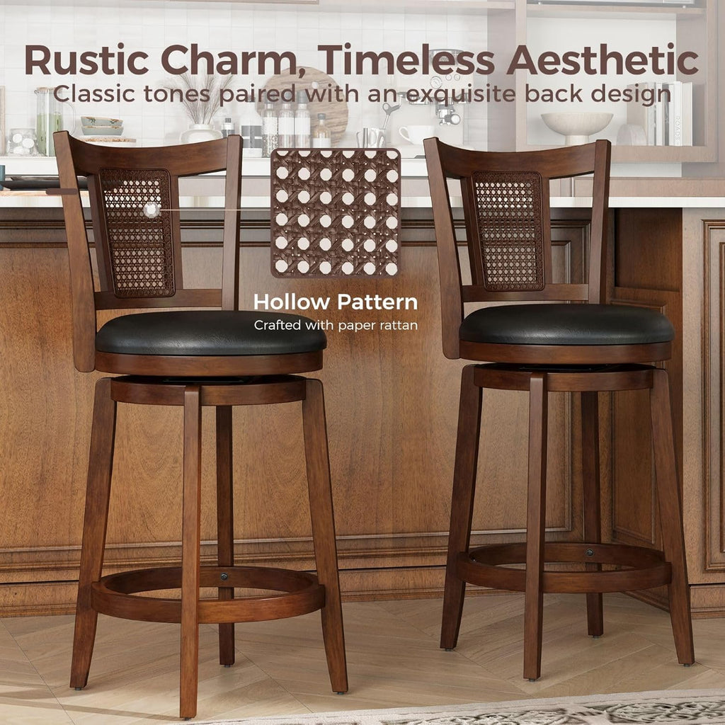 Swivel Bar Stools Set of 4, 26 Inch Counter Height Bar Stools, PU Leather Wood Bar Chairs with Backrest & Wrap-Around
