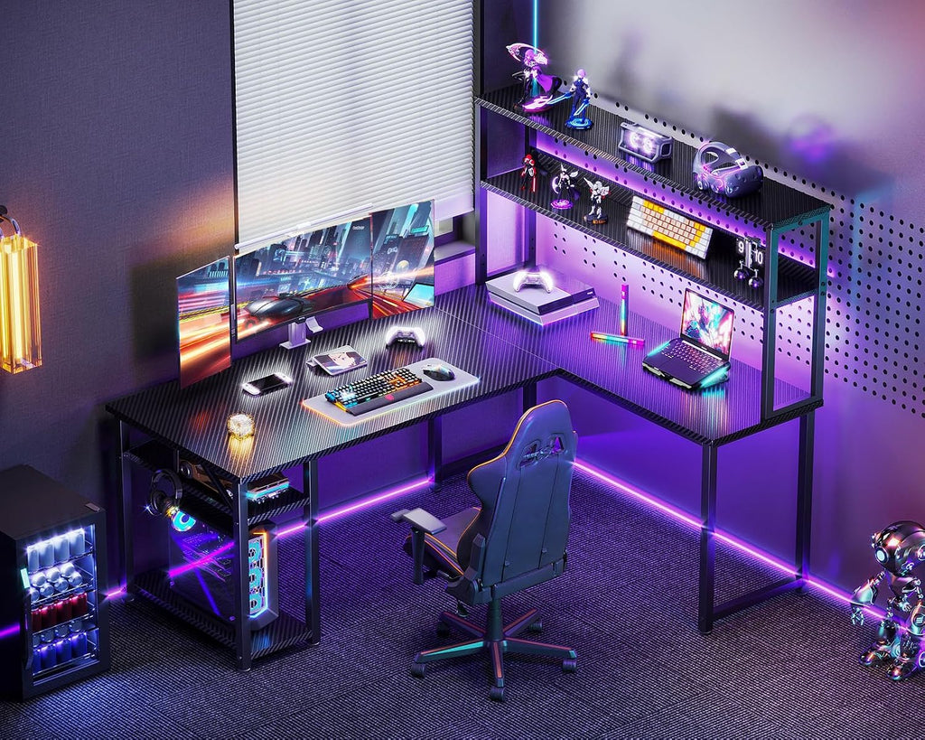 53 Inch L Shaped Gaming Desk with Hutch & Headphone Hook | Black Corner Computer Table with LED light & Storage