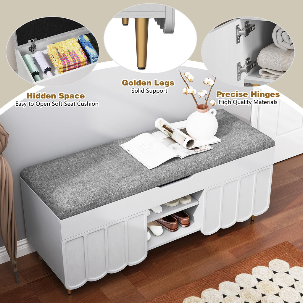 40" Upholstered Flip Top Entryway Shoe Bench, White