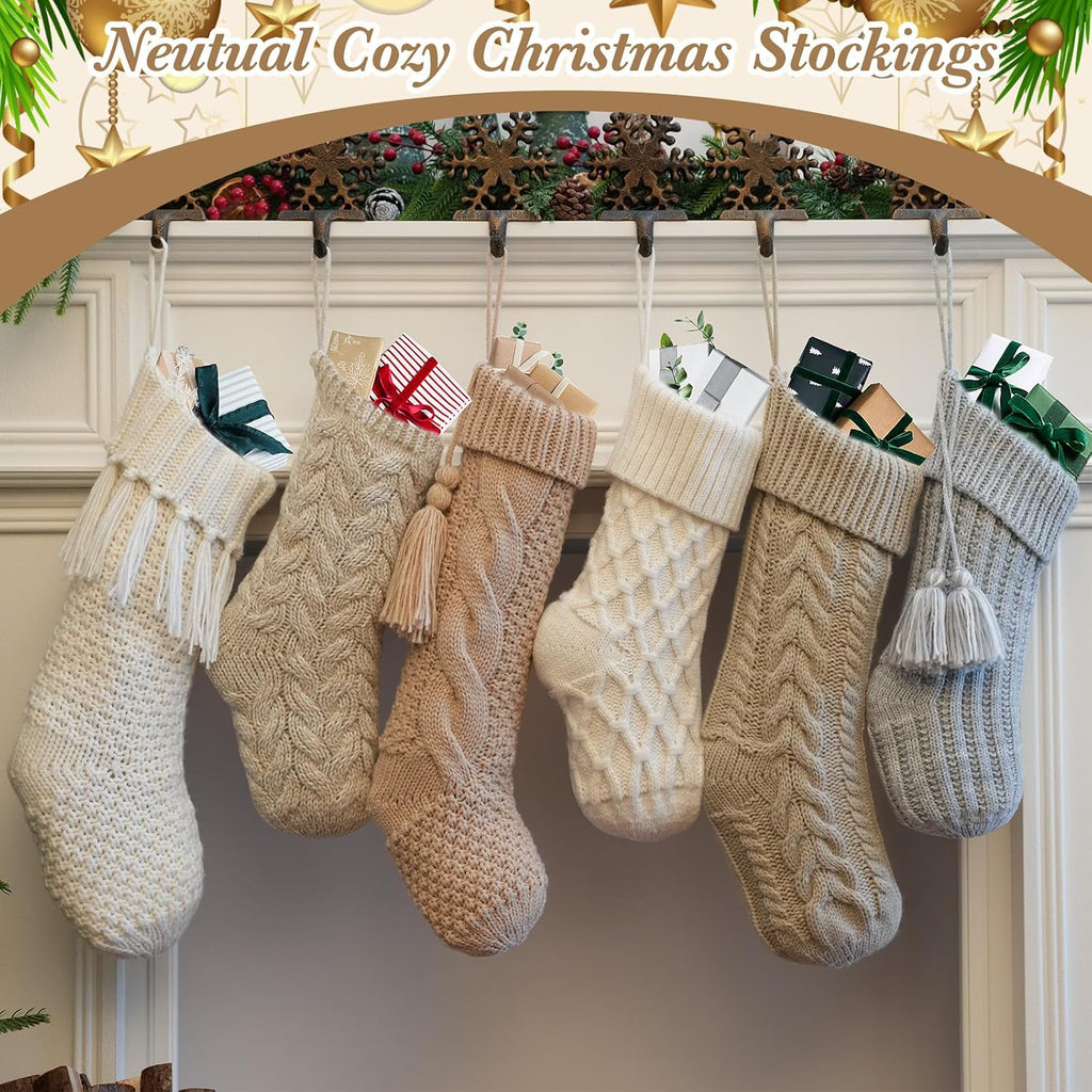 Vintage Knit Christmas Stockings - White Beige Apricot Rustic Boho Farmhouse Cable Knitted Holiday Set - Set of 6