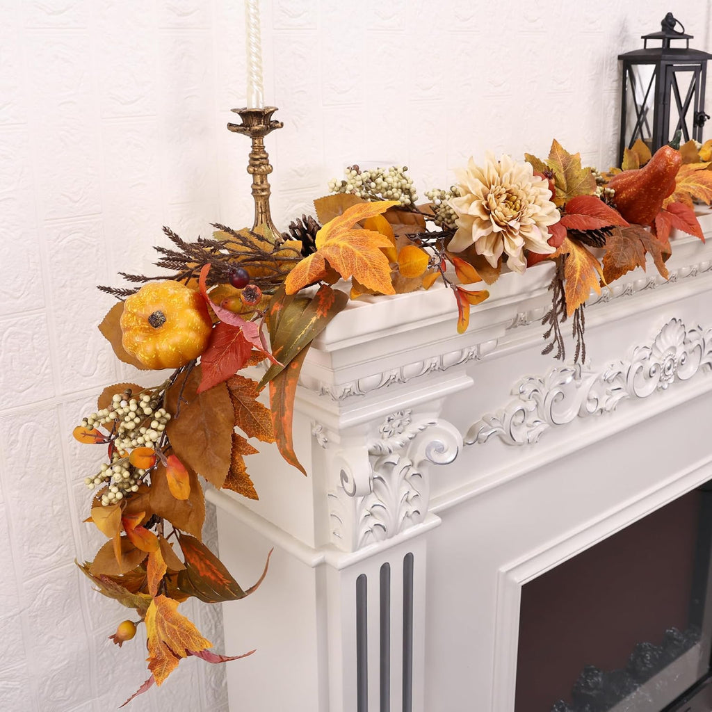 Fall Garland 6Ft Lifelike Autumn Maples Leaf Pumpkin Garland with Berries Pine Cones, Fall Decorations Thanksgiving - Set of 6