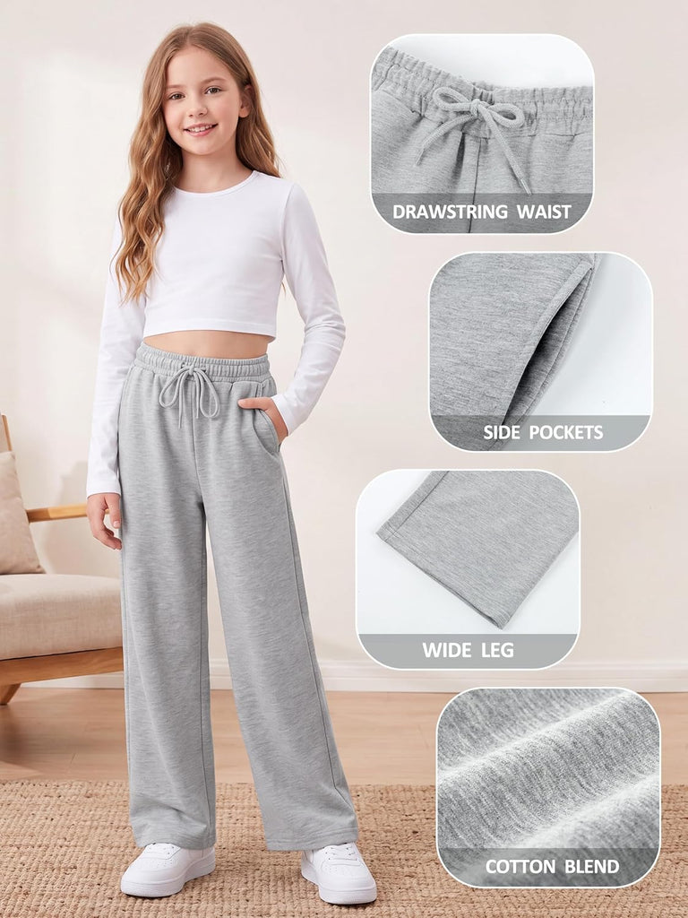 4 Pack Girls Wide Leg Sweatpants Drawstring Baggy Athletic Joggers Teen Kids Casual Pants with Pockets